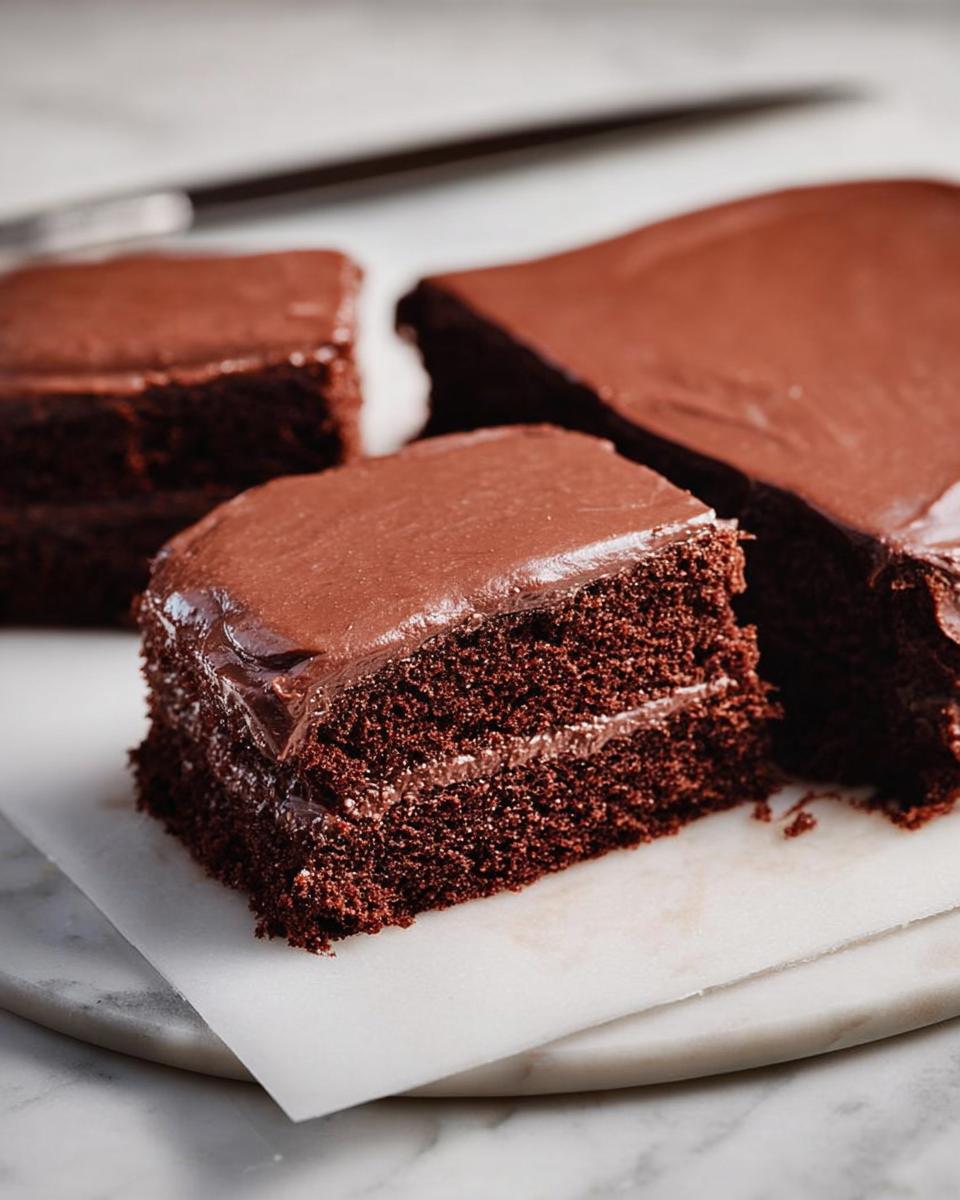 Close-up of rich chocolate cake slices with smooth frosting, showcasing layers and texture. A perfect example of cake ideas recipes.