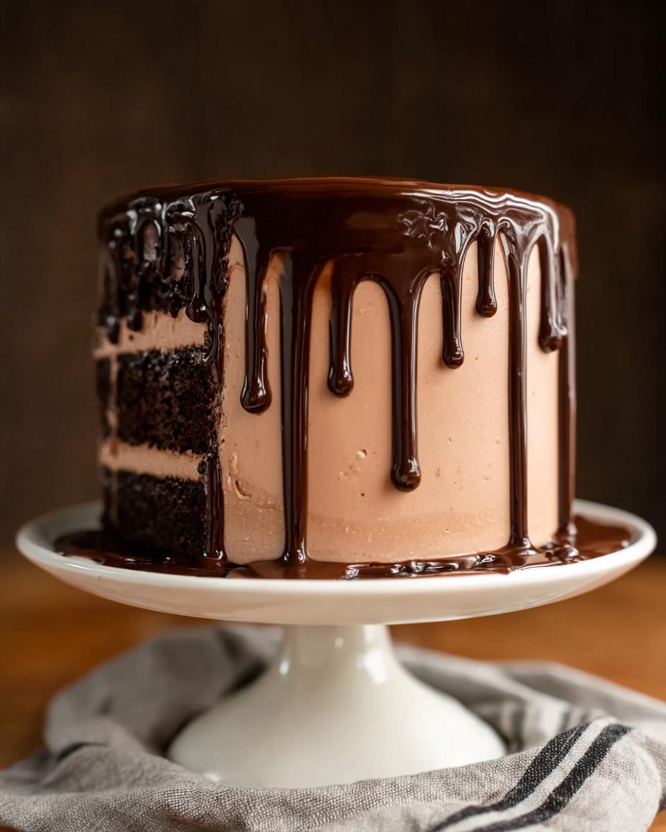 A rich chocolate cake with chocolate frosting and ganache drip, perfect for cake ideas recipes.