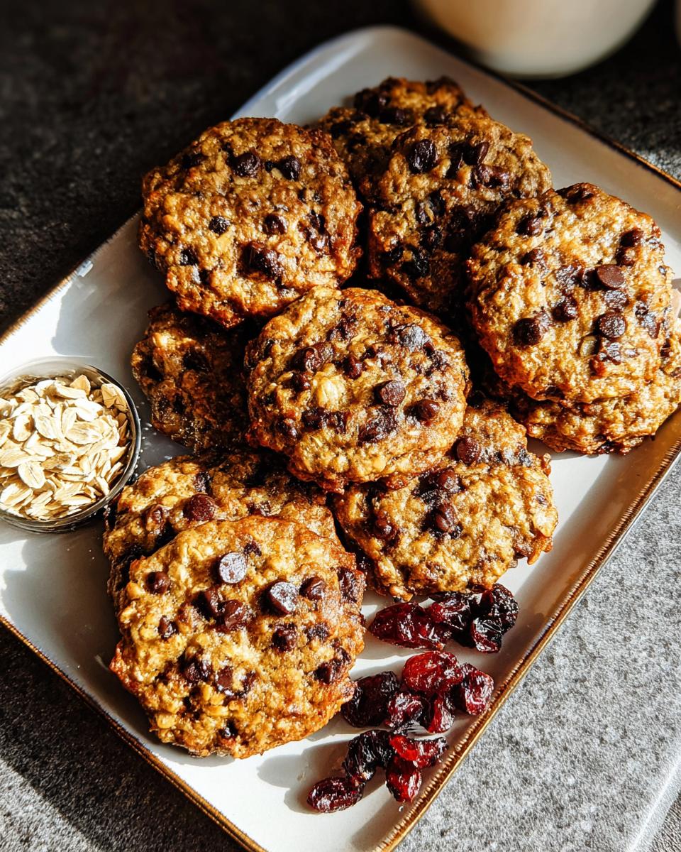 A plate of freshly baked chocolate chip oatmeal cookies, perfect for quick breakfast ideas recipes.