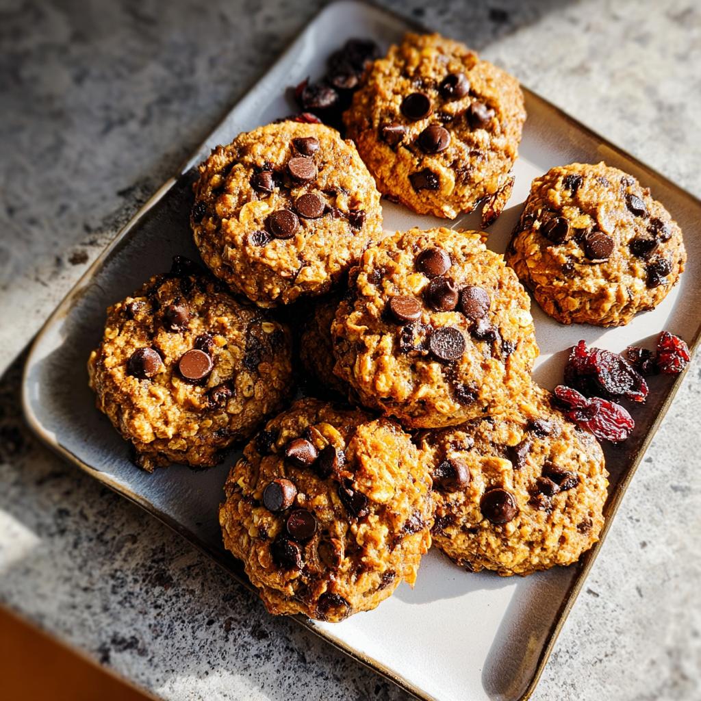 A plate of delicious chocolate chip oatmeal cookies, perfect for quick breakfast ideas recipes.