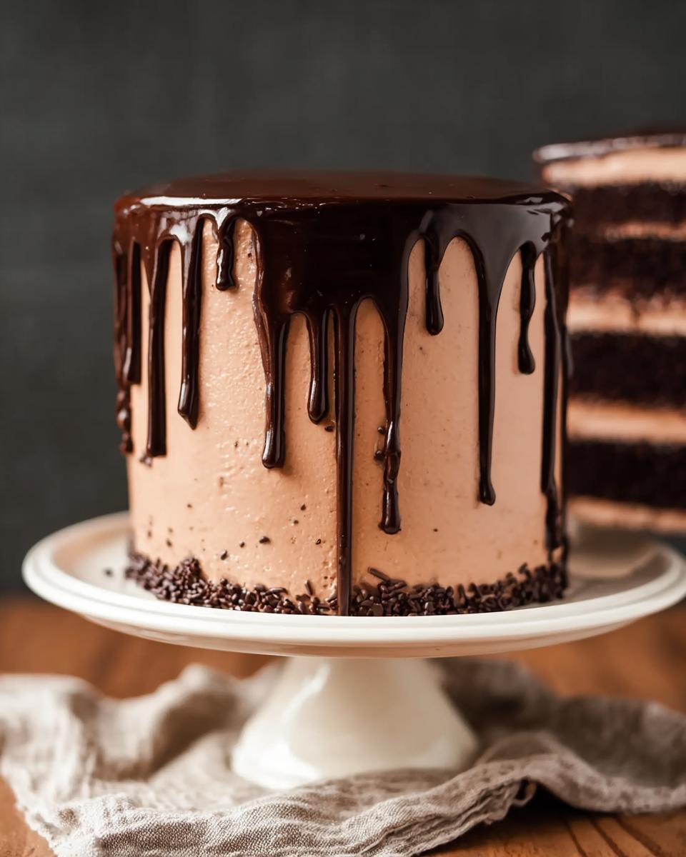 A decadent chocolate drip cake with smooth chocolate frosting and rich chocolate ganache.