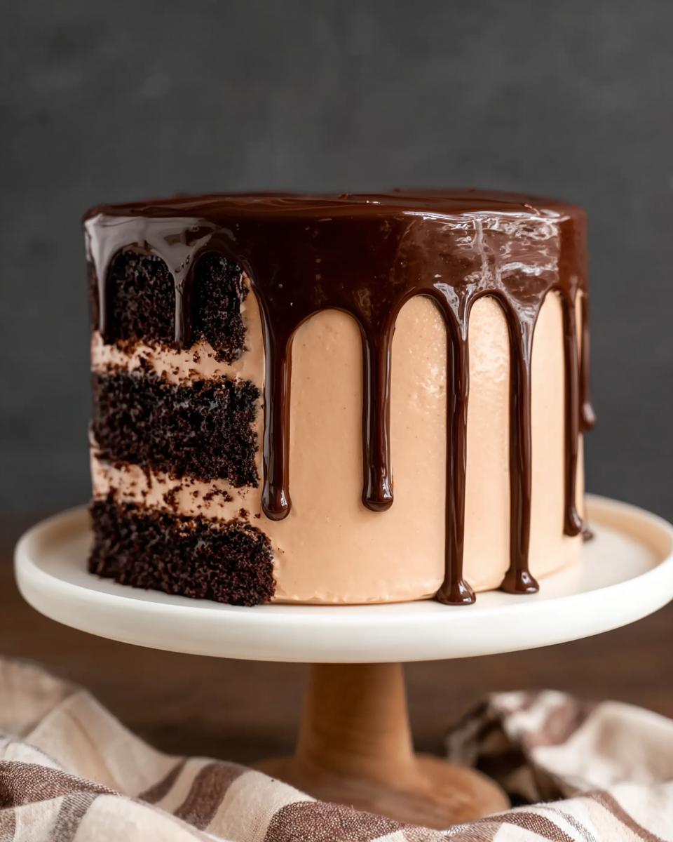 A decadent chocolate drip cake with layers of dark chocolate cake and light brown frosting.