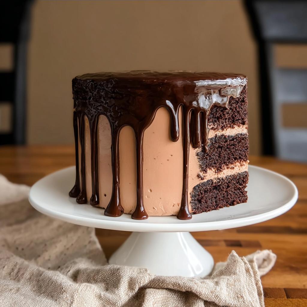 A slice of decadent chocolate cake with rich chocolate frosting and ganache drip.