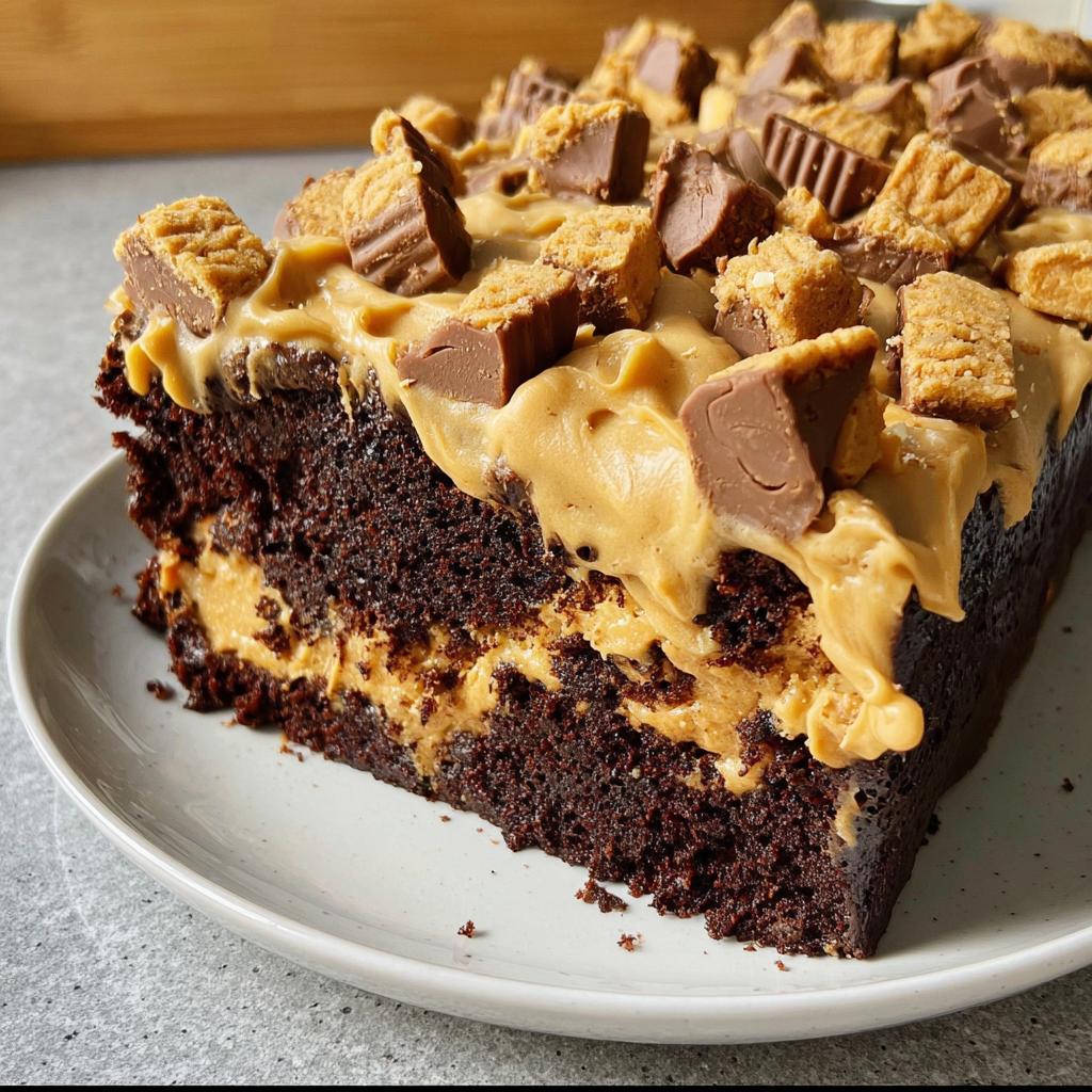 A slice of rich chocolate cake filled and topped with peanut butter frosting and chopped peanut butter cups.