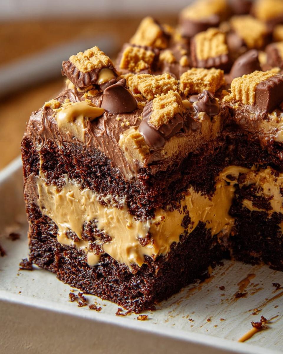 A slice of rich chocolate cake filled and topped with creamy peanut butter frosting and chocolate pieces.