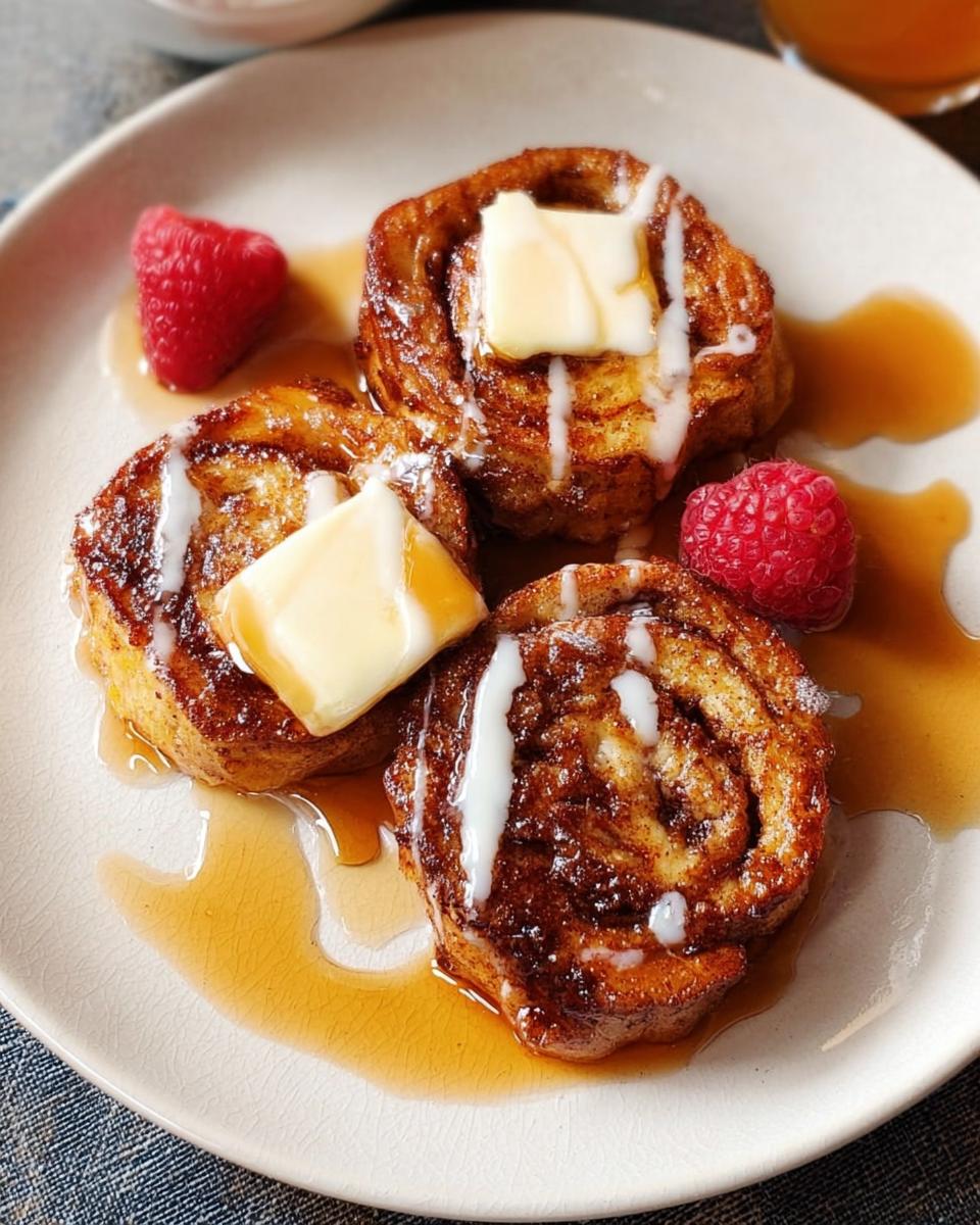 Close-up of cinnamon roll French toast with butter, syrup, and raspberries, a perfect restaurant-style breakfast idea.
