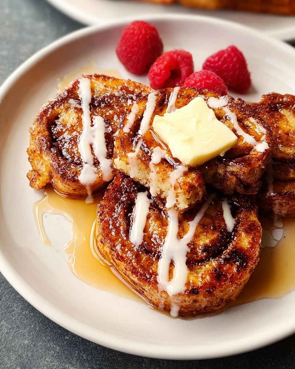 Close-up of cinnamon roll French toast drizzled with icing and syrup, topped with butter and raspberries. A perfect restaurant-style breakfast idea.