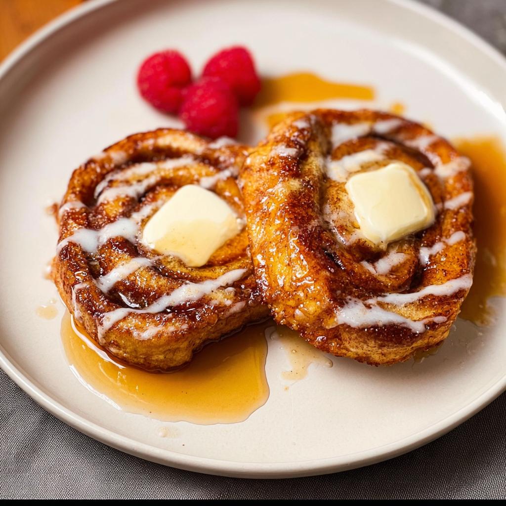 Two cinnamon roll French toast slices topped with butter and drizzled with icing and syrup, served with raspberries. A perfect restaurant-style breakfast idea.