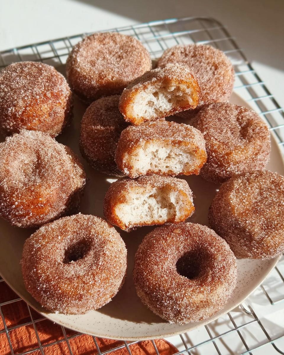 A plate of freshly made cinnamon sugar donuts, with two donuts broken in half to show their fluffy interior. A perfect breakfast idea.