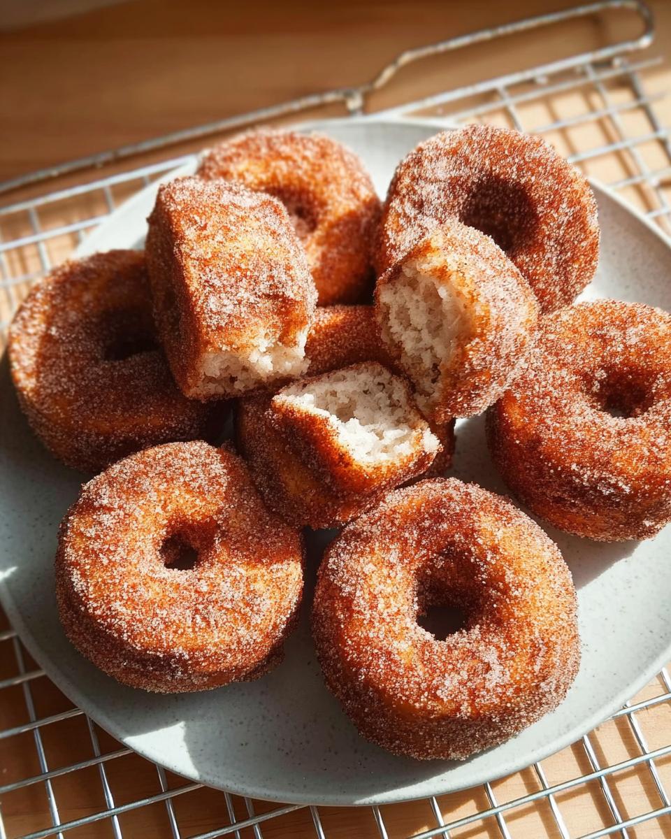 A plate of freshly made cinnamon sugar donuts, some whole and one broken in half to show the fluffy interior, perfect for breakfast ideas.