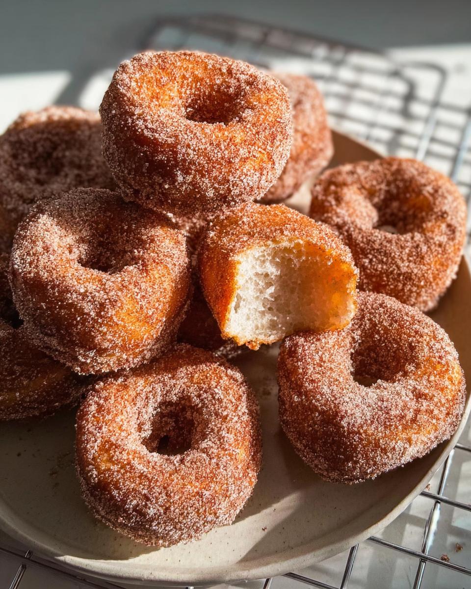 A pile of freshly made cinnamon sugar donuts, with one donut broken in half to show its fluffy interior. A perfect breakfast idea.
