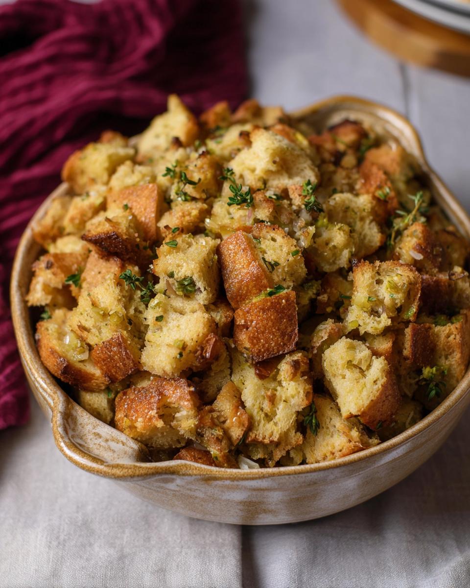 A close-up of a rustic bowl filled with golden-brown bread cubes, herbs, and leeks, showcasing a classic stuffing recipe.
