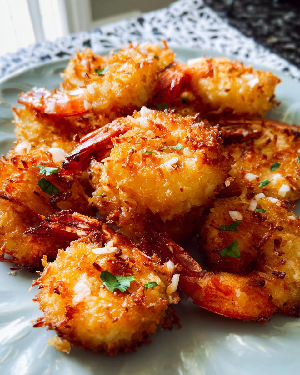 Close-up of golden-brown, crispy coconut shrimp, a delicious shrimp recipe, garnished with fresh parsley.