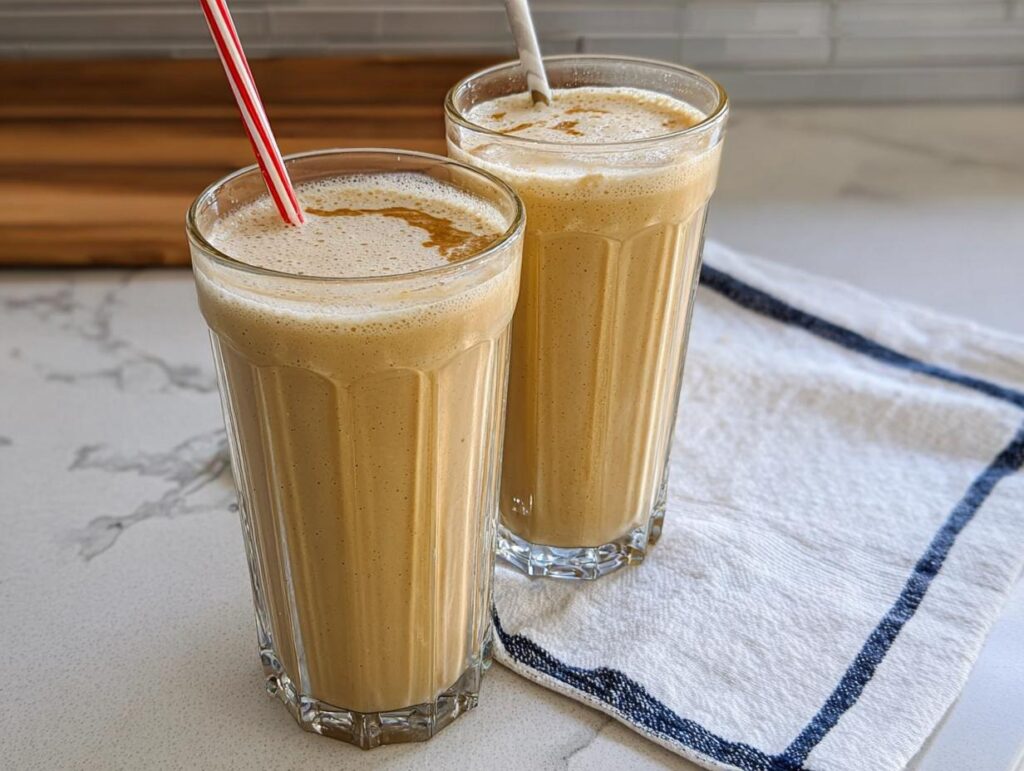 Two tall glasses filled with a creamy coffee smoothie, each with a striped straw. Perfect for breakfast ideas.