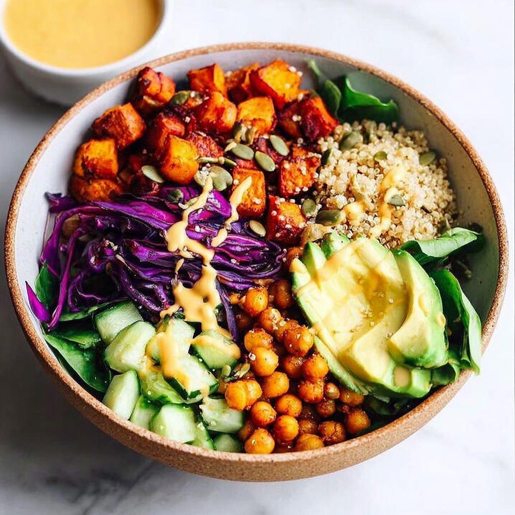 A colorful and healthy rice bowl recipe featuring roasted sweet potatoes, quinoa, chickpeas, avocado, cucumber, and red cabbage.