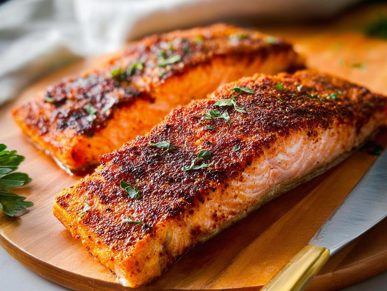 Two seasoned salmon fillets, cooked to perfection, on a wooden board, ready for a delicious meal. A great option for salmon recipes.