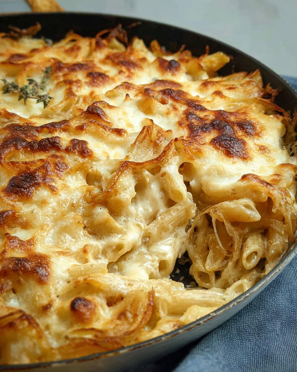 Close-up of a creamy baked pasta recipe in a skillet, topped with melted, golden-brown cheese.