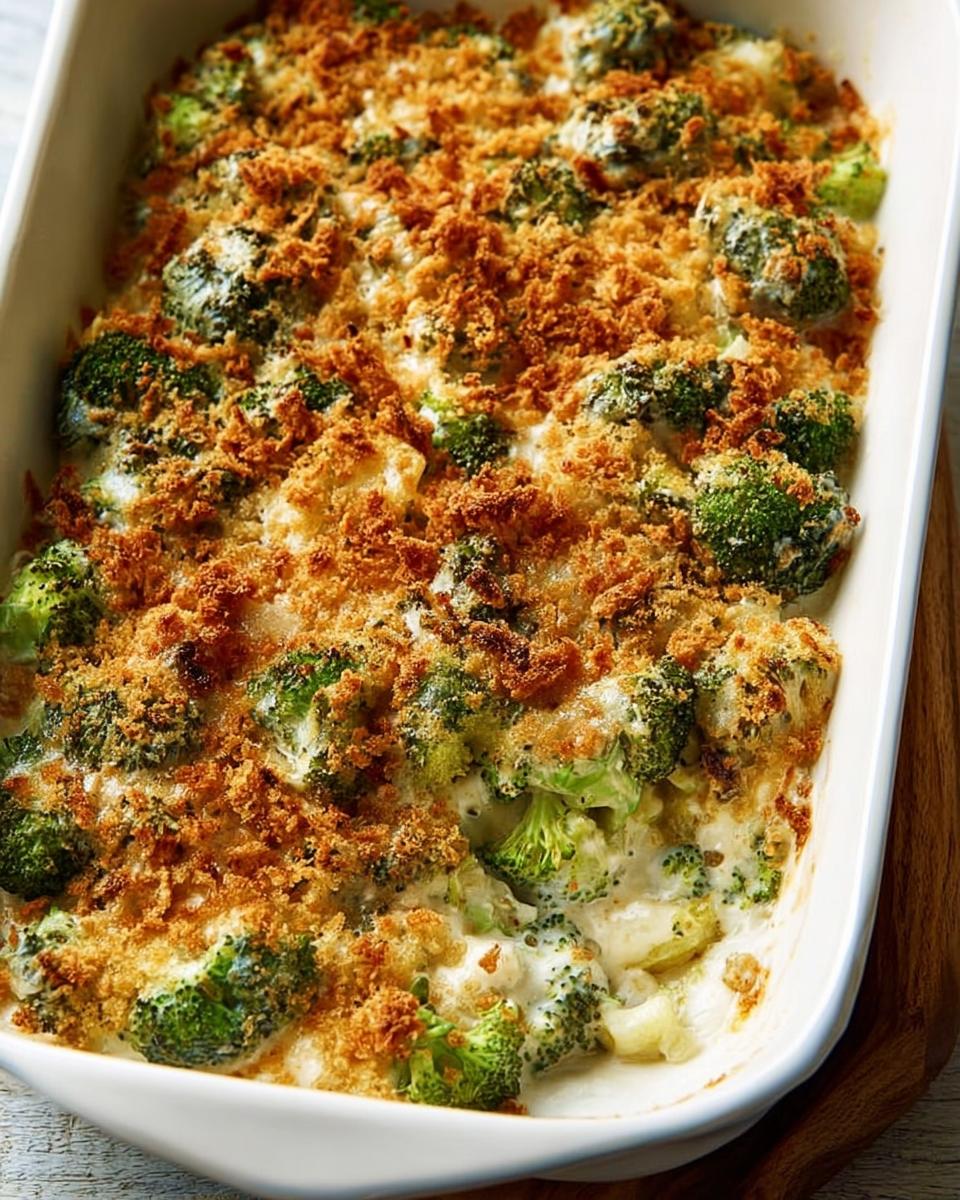 A close-up of a creamy broccoli casserole topped with golden breadcrumbs, perfect for veggie sides recipes.
