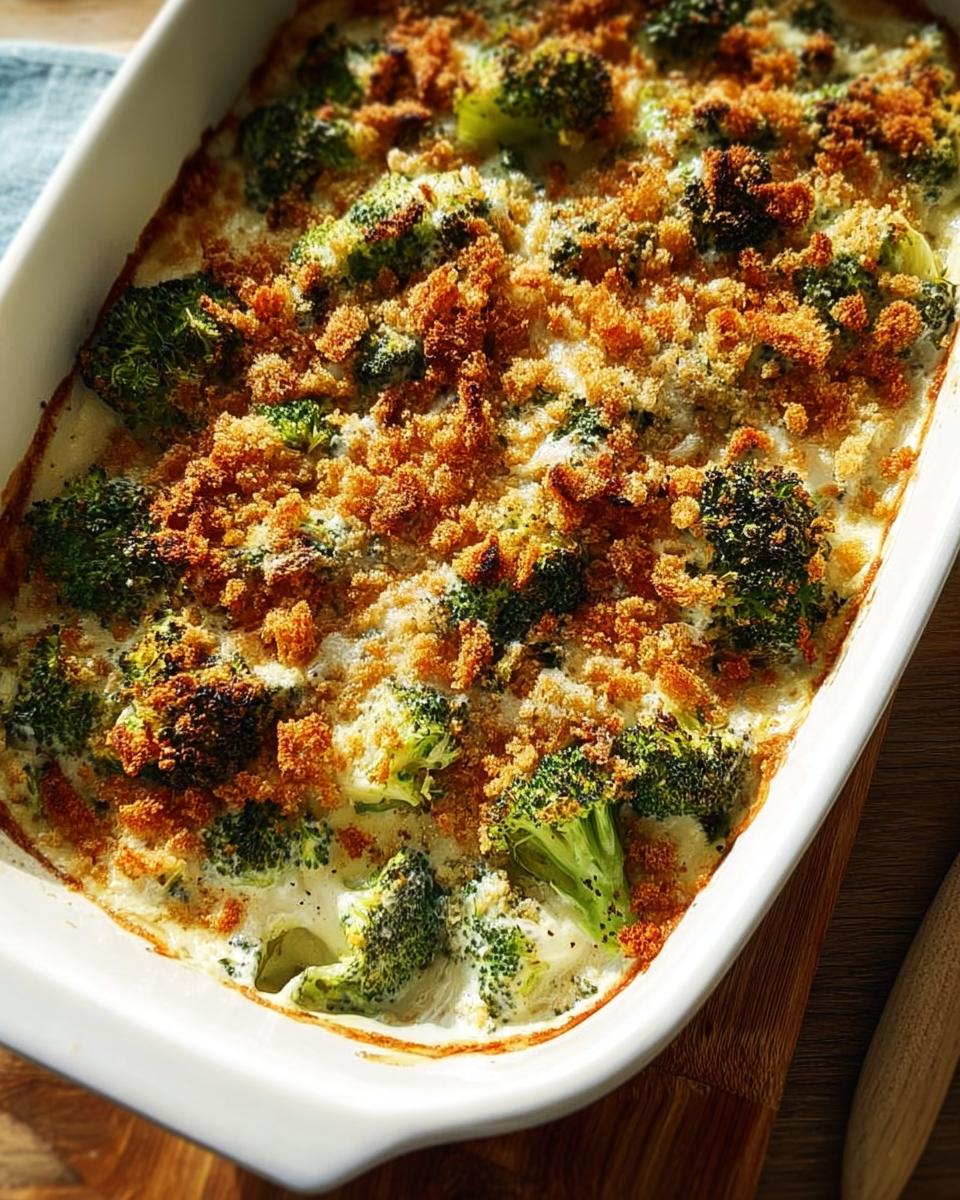 A close-up of a creamy broccoli casserole topped with golden breadcrumbs, perfect for veggie sides recipes.