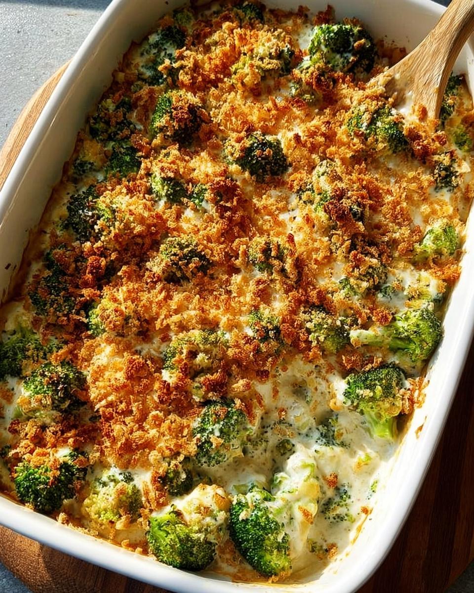 A close-up of a creamy broccoli casserole with a golden breadcrumb topping, perfect as a veggie side dish.