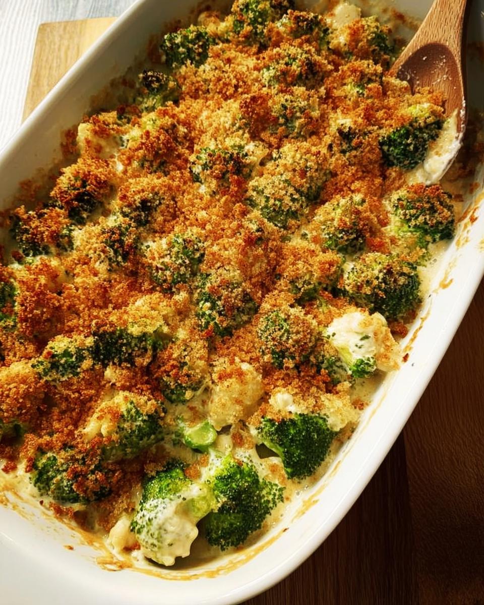 A creamy baked casserole loaded with broccoli and cauliflower, topped with golden breadcrumbs. Perfect for veggie sides recipes.