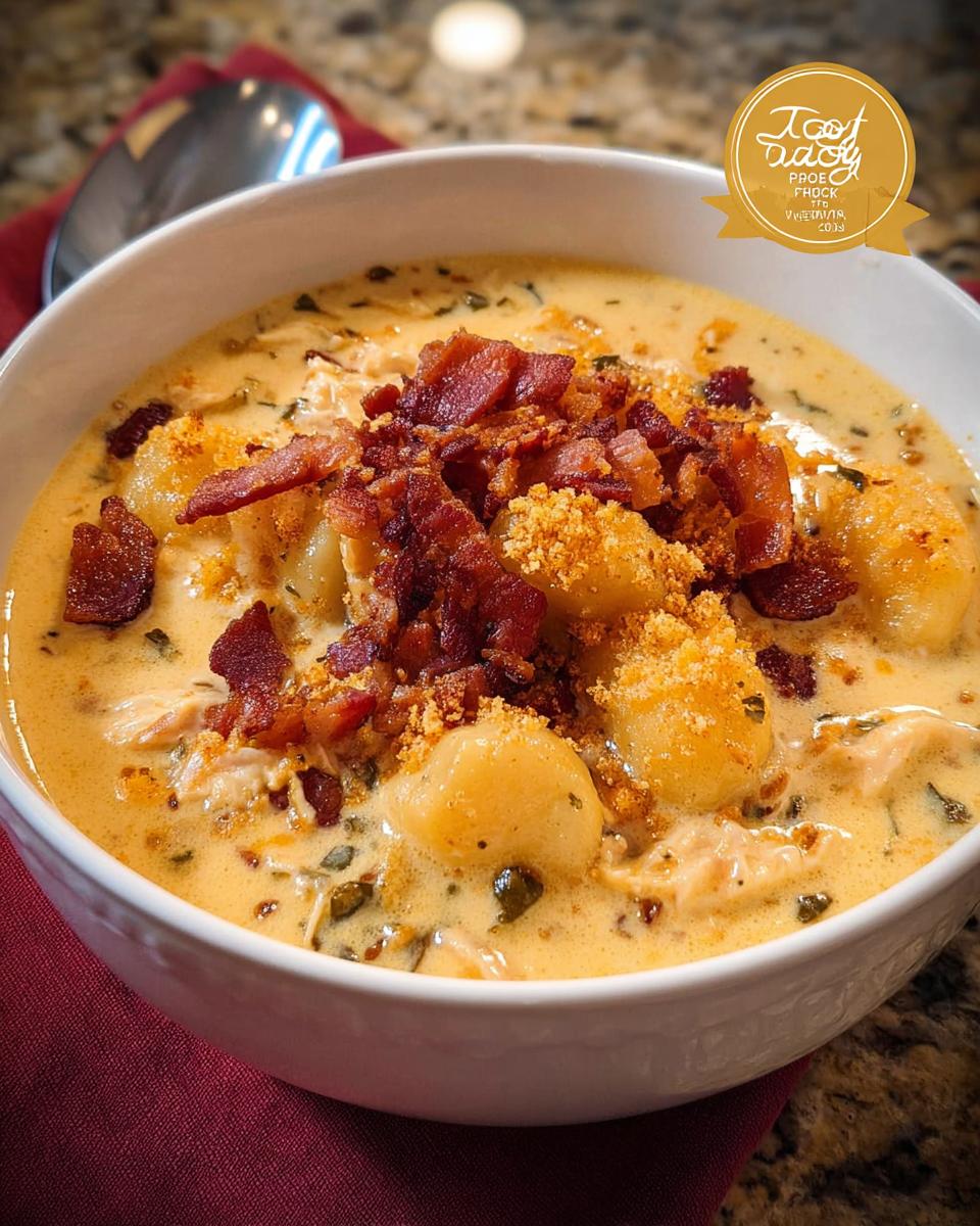 Close-up of a bowl of creamy chicken gnocchi soup topped with crispy bacon and breadcrumbs. A delicious soup recipe.