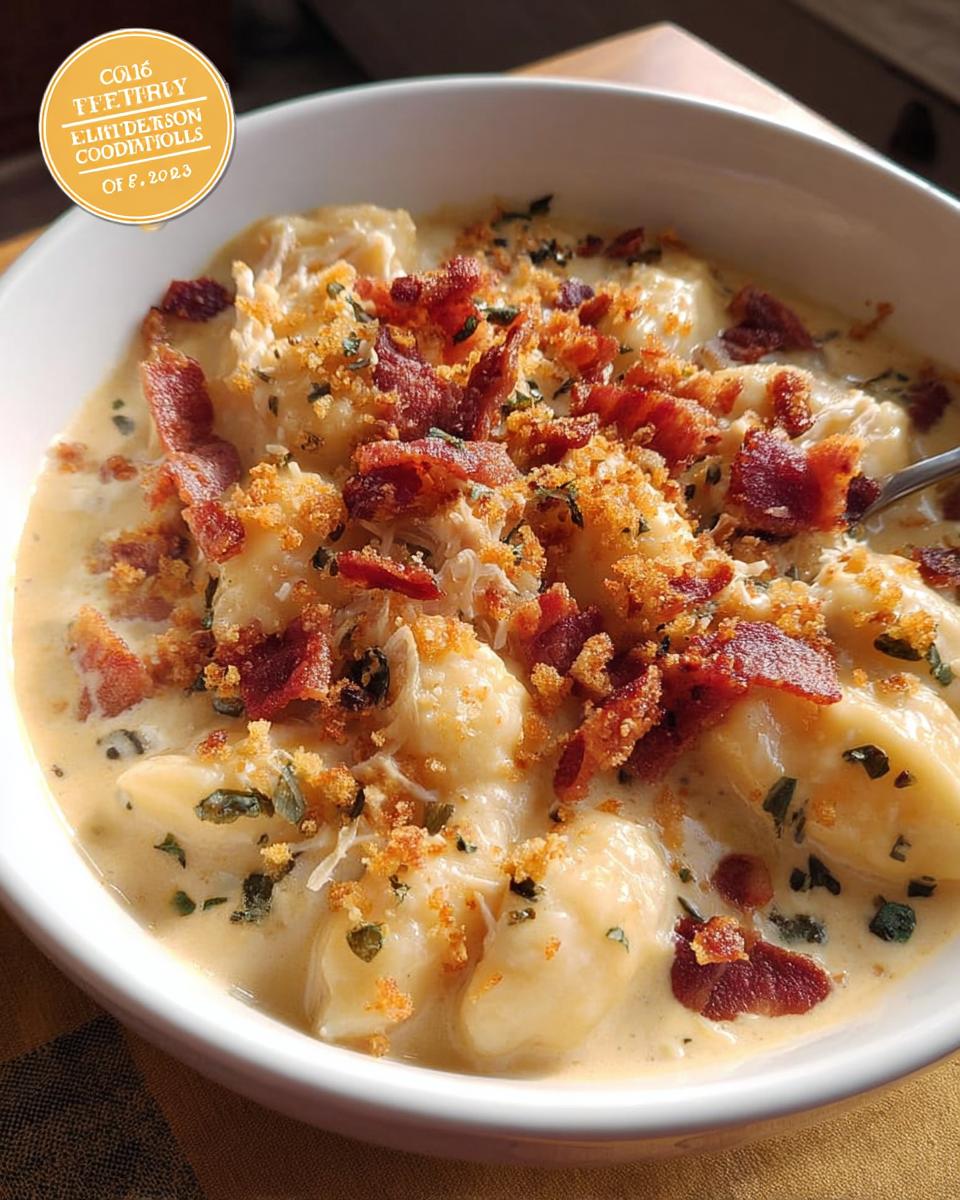 A close-up of a bowl of creamy chicken gnocchi soup topped with bacon and breadcrumbs.