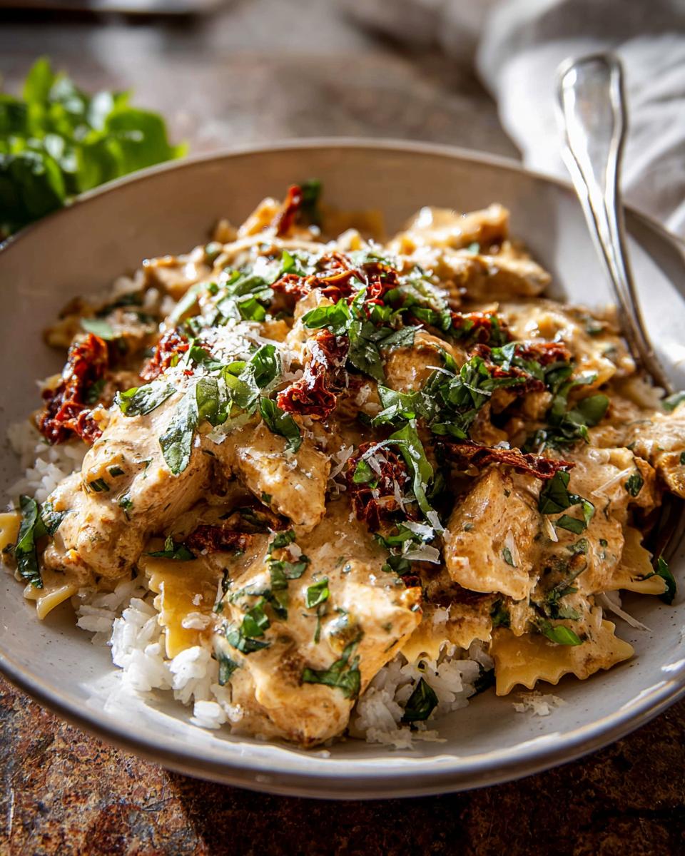 A delicious rice bowl recipe featuring creamy chicken and pasta, topped with sun-dried tomatoes and fresh basil.