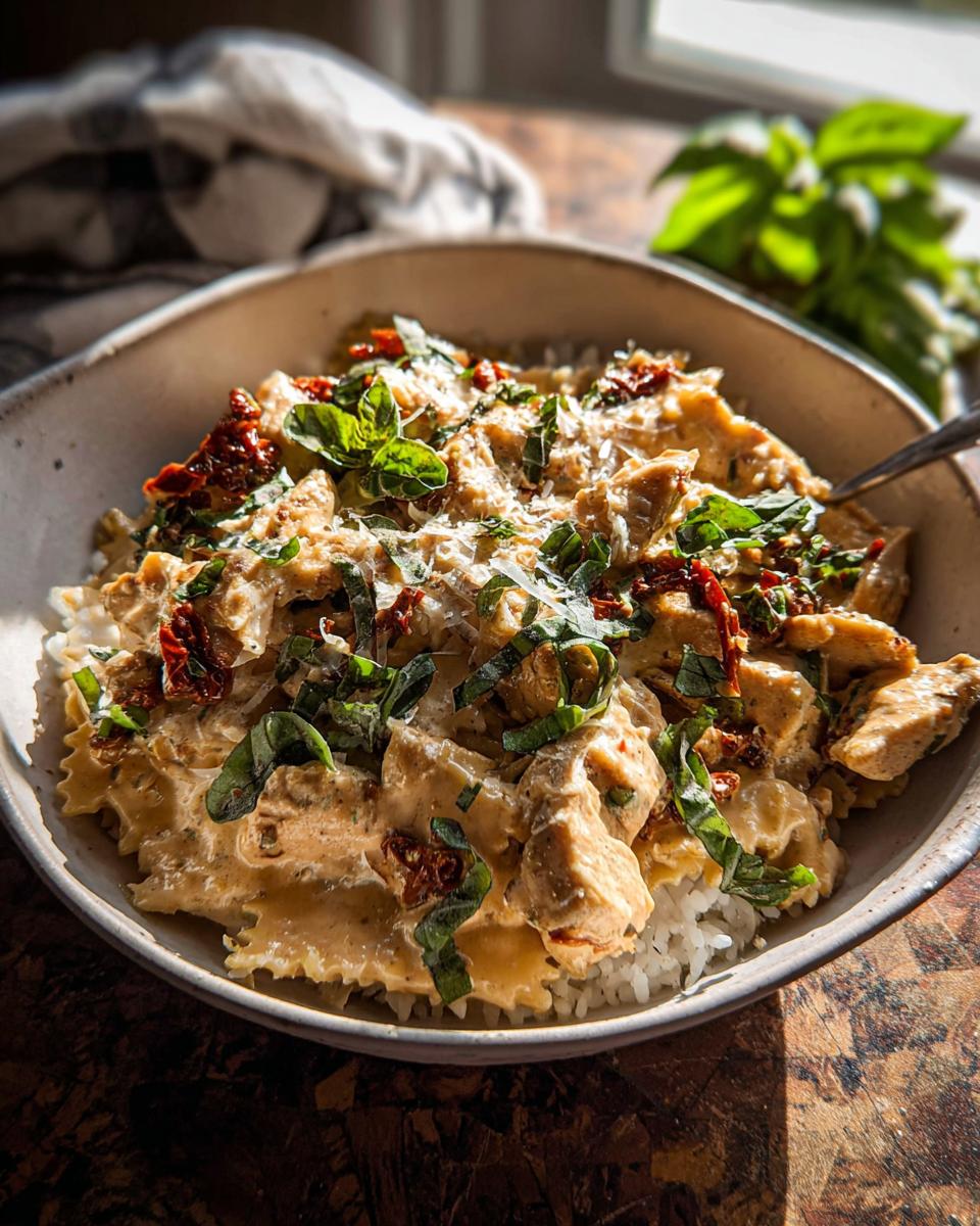 A close-up of a rice bowl filled with creamy chicken, sun-dried tomatoes, and fresh basil, part of The Only Rice Bowls Recipes Recipe You’ll Need (2025).