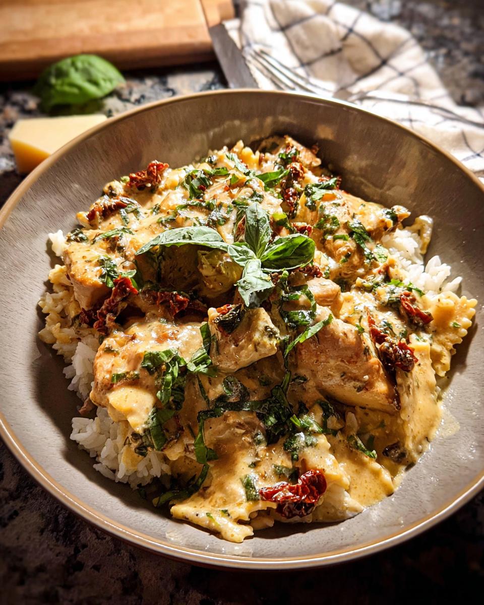 A close-up of a rice bowl filled with creamy chicken, sun-dried tomatoes, and fresh basil, part of The Only Rice Bowls Recipes Recipe You’ll Need (2025).