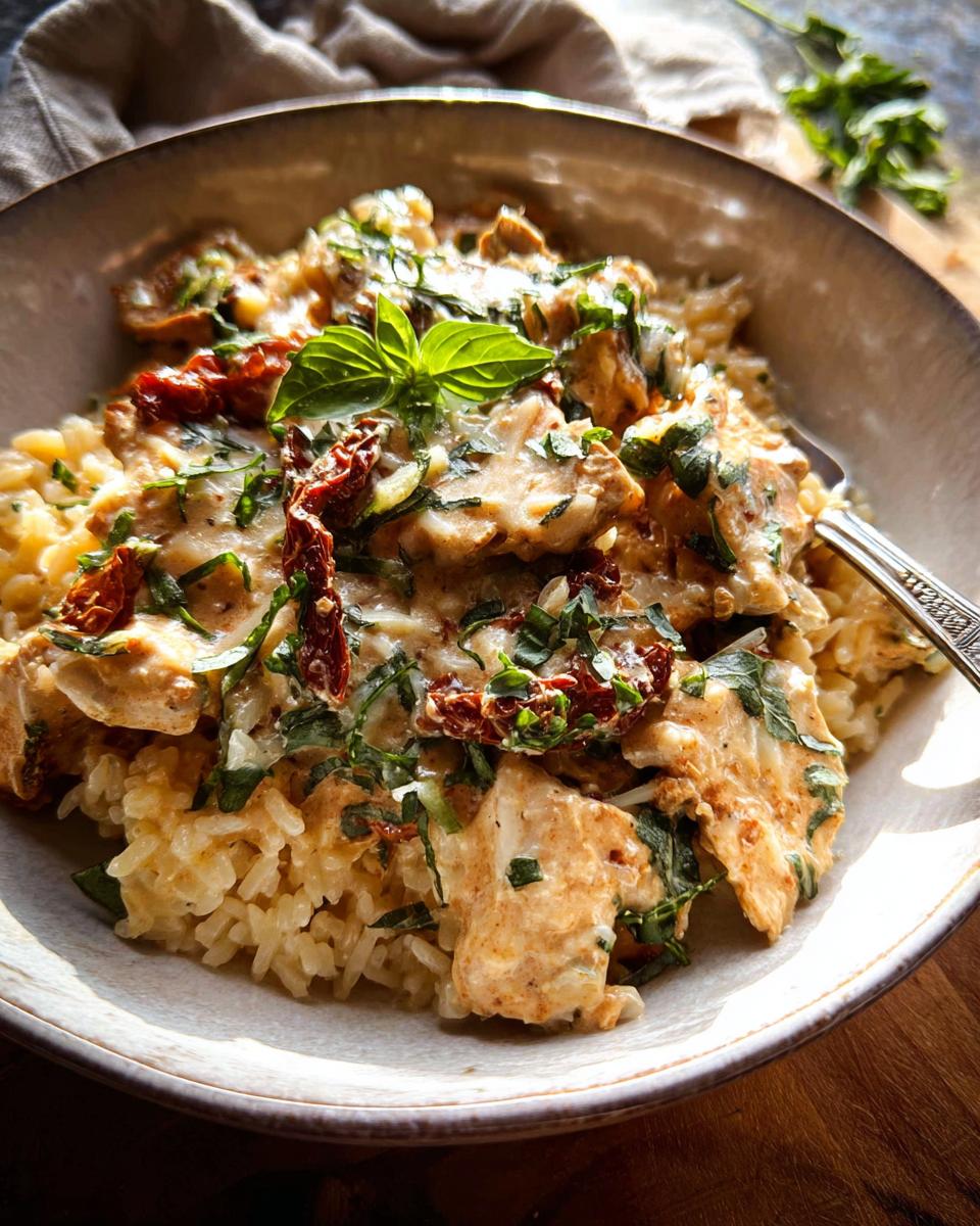 A close-up of a delicious rice bowl recipe with creamy chicken, sun-dried tomatoes, and fresh basil.