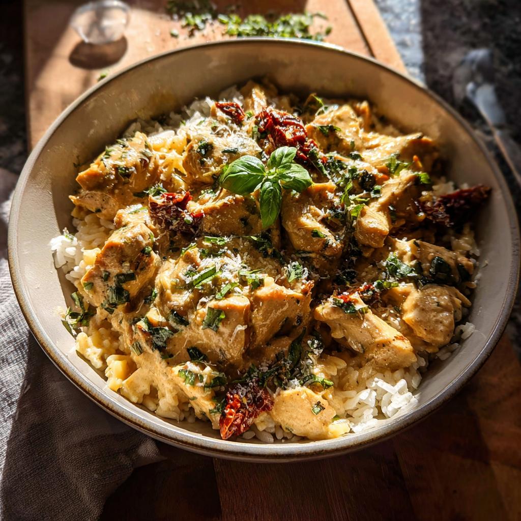 A close-up of a creamy chicken and sun-dried tomato rice bowls recipe, garnished with fresh basil and herbs.