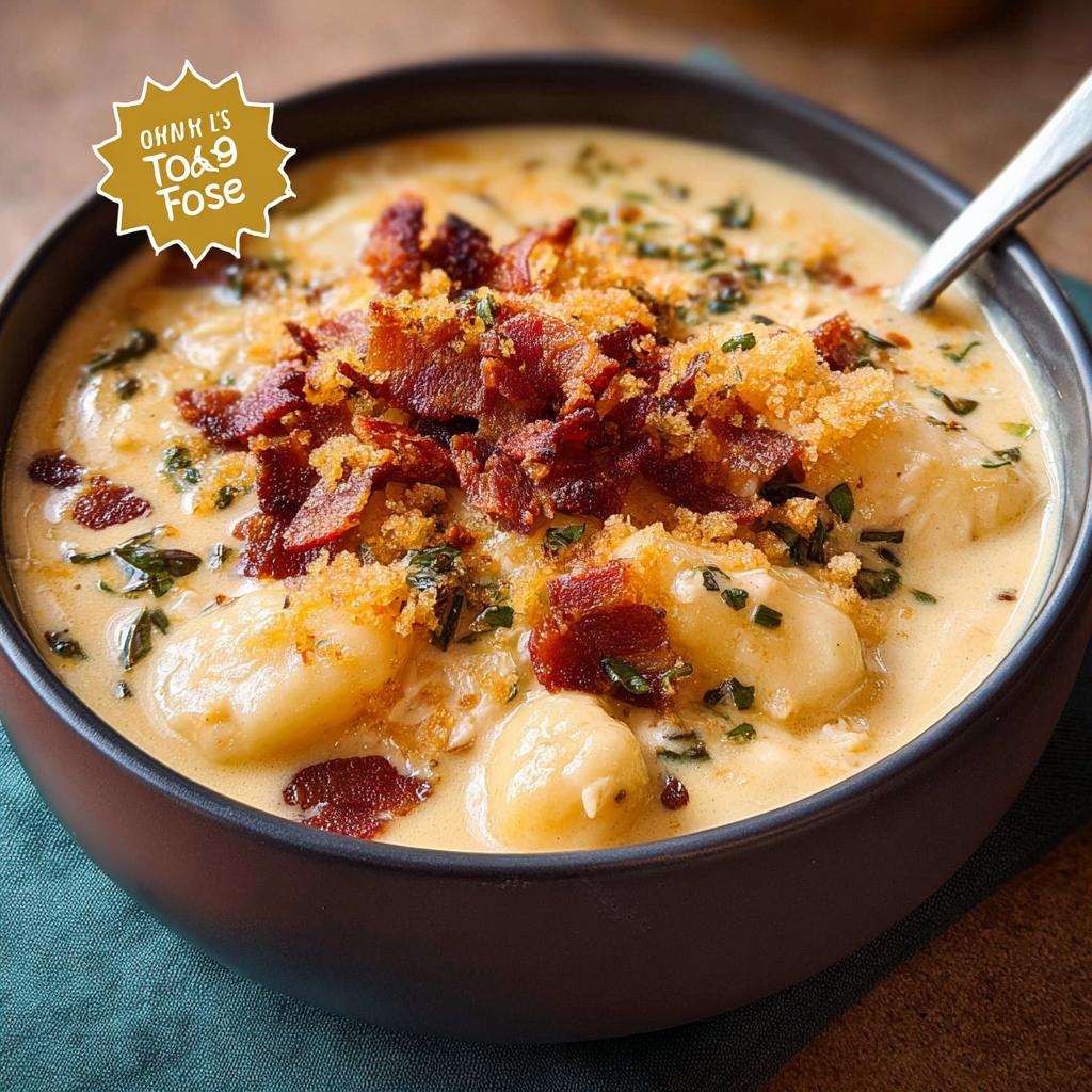 A bowl of creamy gnocchi soup topped with crispy bacon bits, breadcrumbs, and fresh herbs. Part of The Only Soup Recipes Recipe You’ll Need (2025).