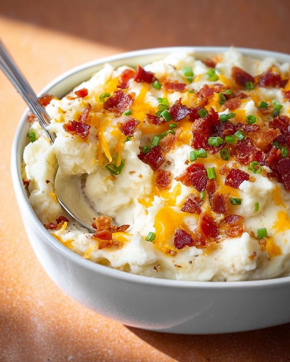 A close-up of fluffy mashed potatoes topped with shredded cheddar cheese, crispy bacon bits, and chopped chives.