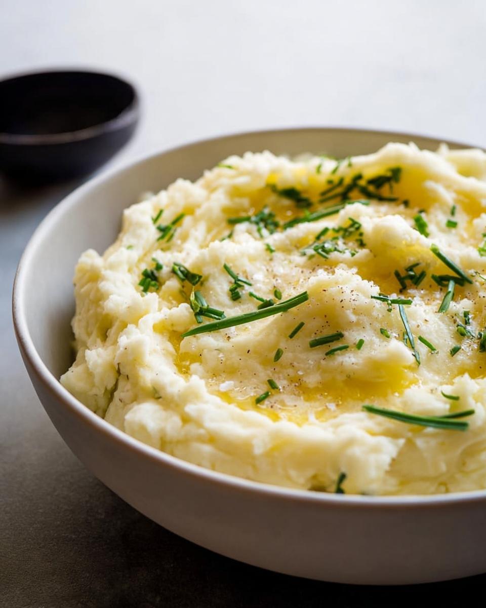 A close-up of a bowl of creamy mashed potatoes, topped with melted butter and fresh chives. The ultimate mashed potatoes recipe for beginners.