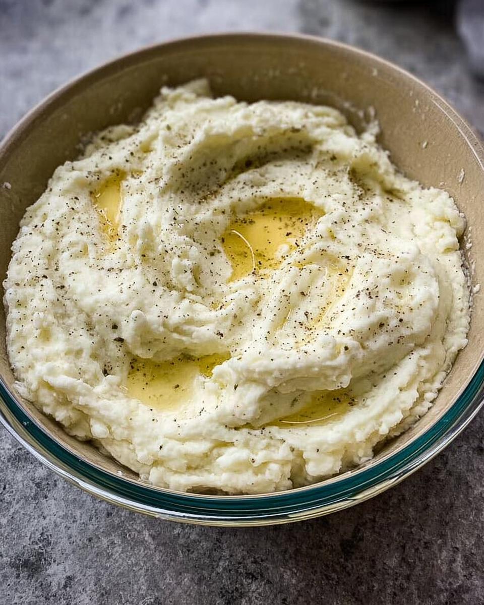 Close-up of a bowl of fluffy mashed potatoes topped with melted butter and cracked black pepper.