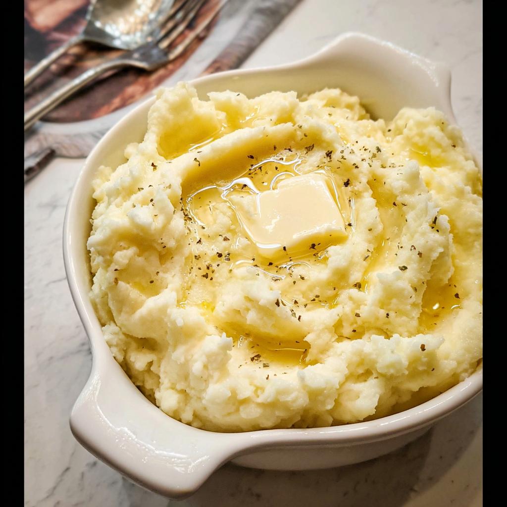 A bowl of creamy mashed potatoes recipe topped with a pat of melting butter and herbs.