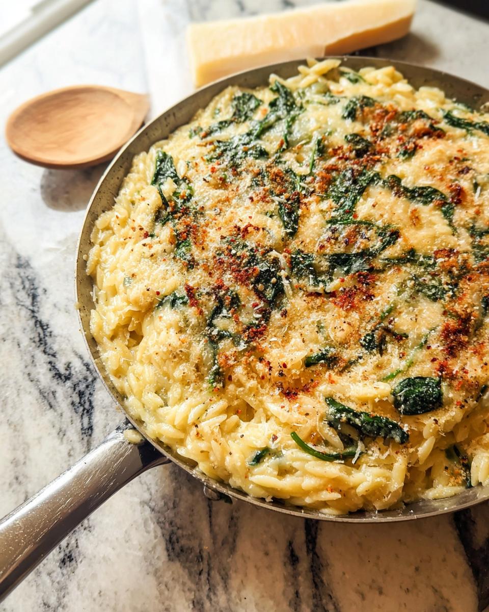 A close-up of creamy orzo pasta with spinach, topped with cheese and paprika, served in a skillet. This is a great veggie side dish.