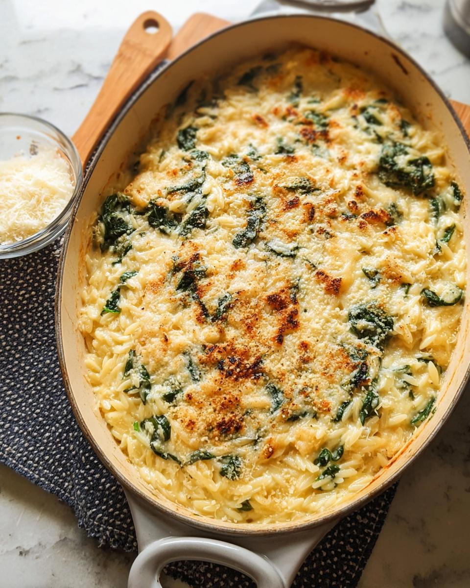 A close-up of a creamy orzo and spinach casserole, a delicious veggie sides recipe.