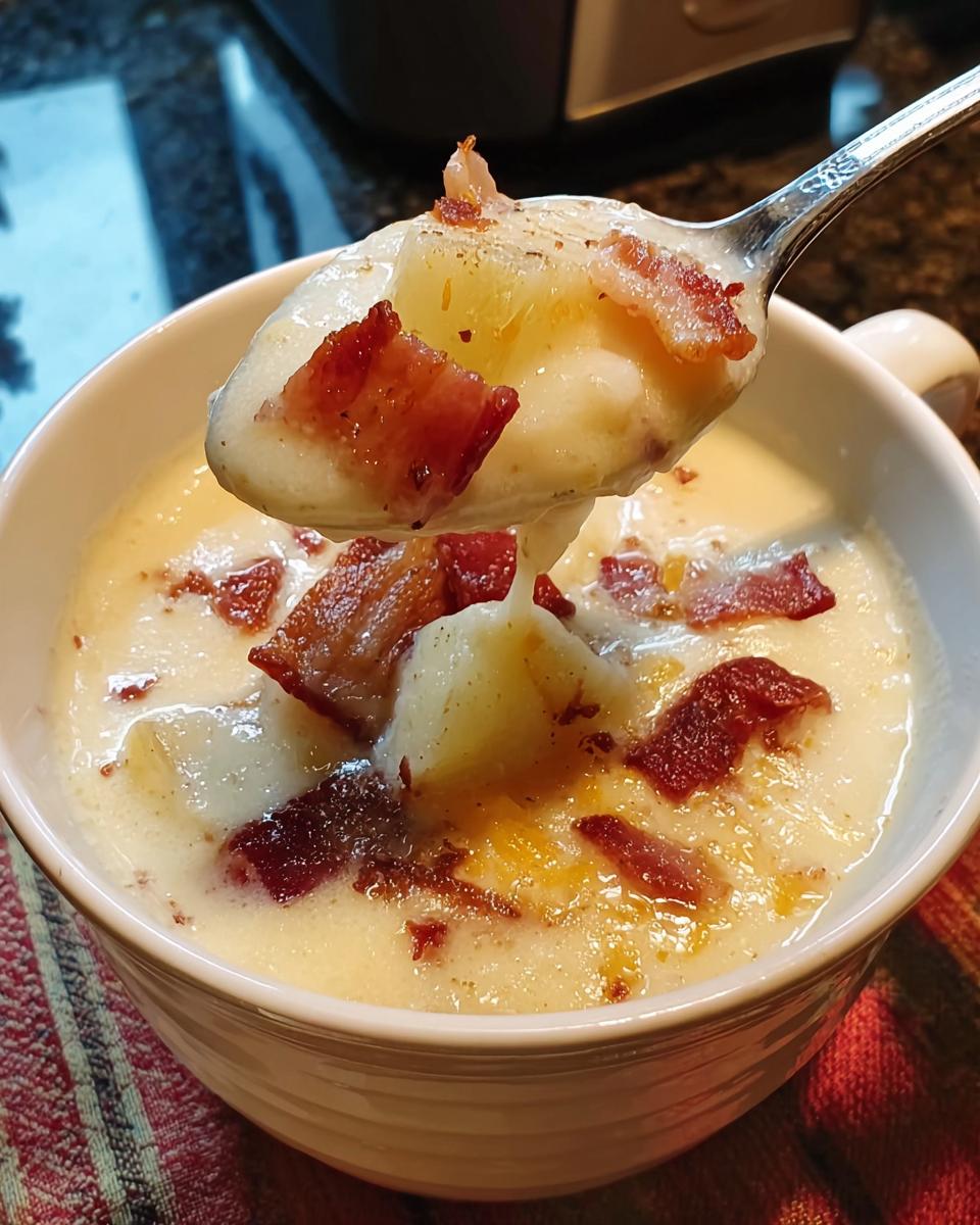 A spoonful of creamy potato soup topped with crispy bacon and potato chunks, part of a 12-Ingredient Soup Recipe.