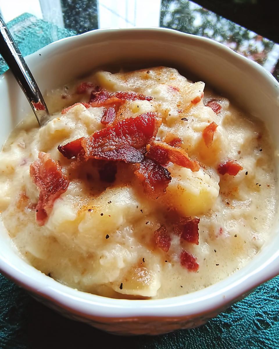 A bowl of creamy potato soup topped with crispy bacon, part of 12-Ingredient Soup Recipes.