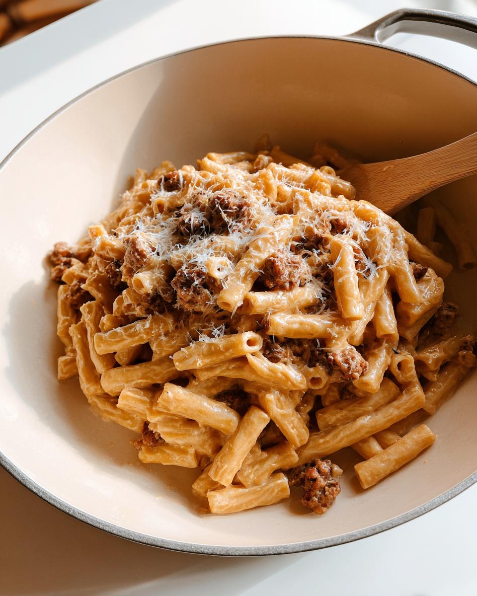 A close-up of creamy sausage pasta in a pot, topped with grated cheese. A perfect pasta recipe for busy weeknights.