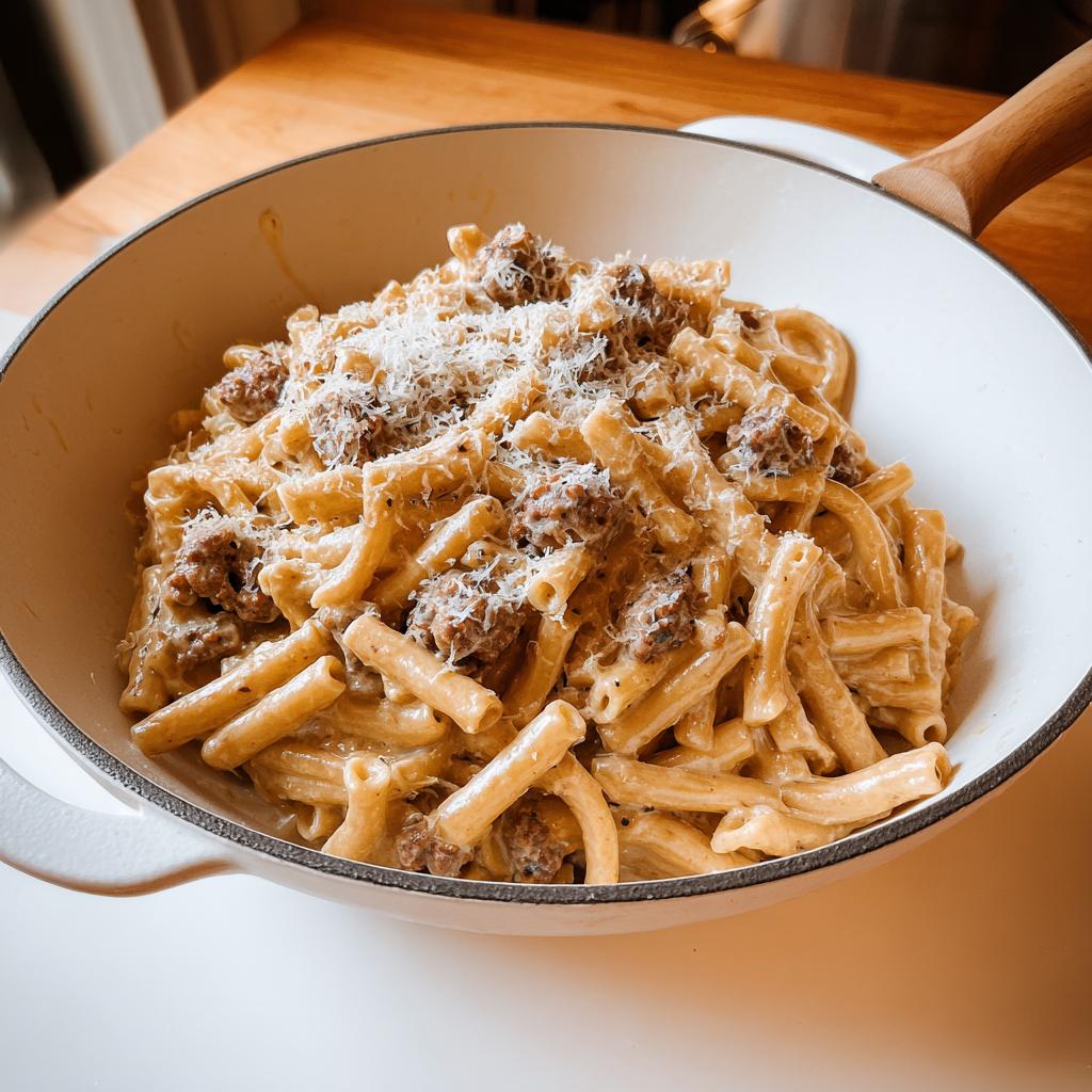 A close-up of creamy sausage pasta in a white pan, topped with grated parmesan cheese. Perfect for busy weeknights.
