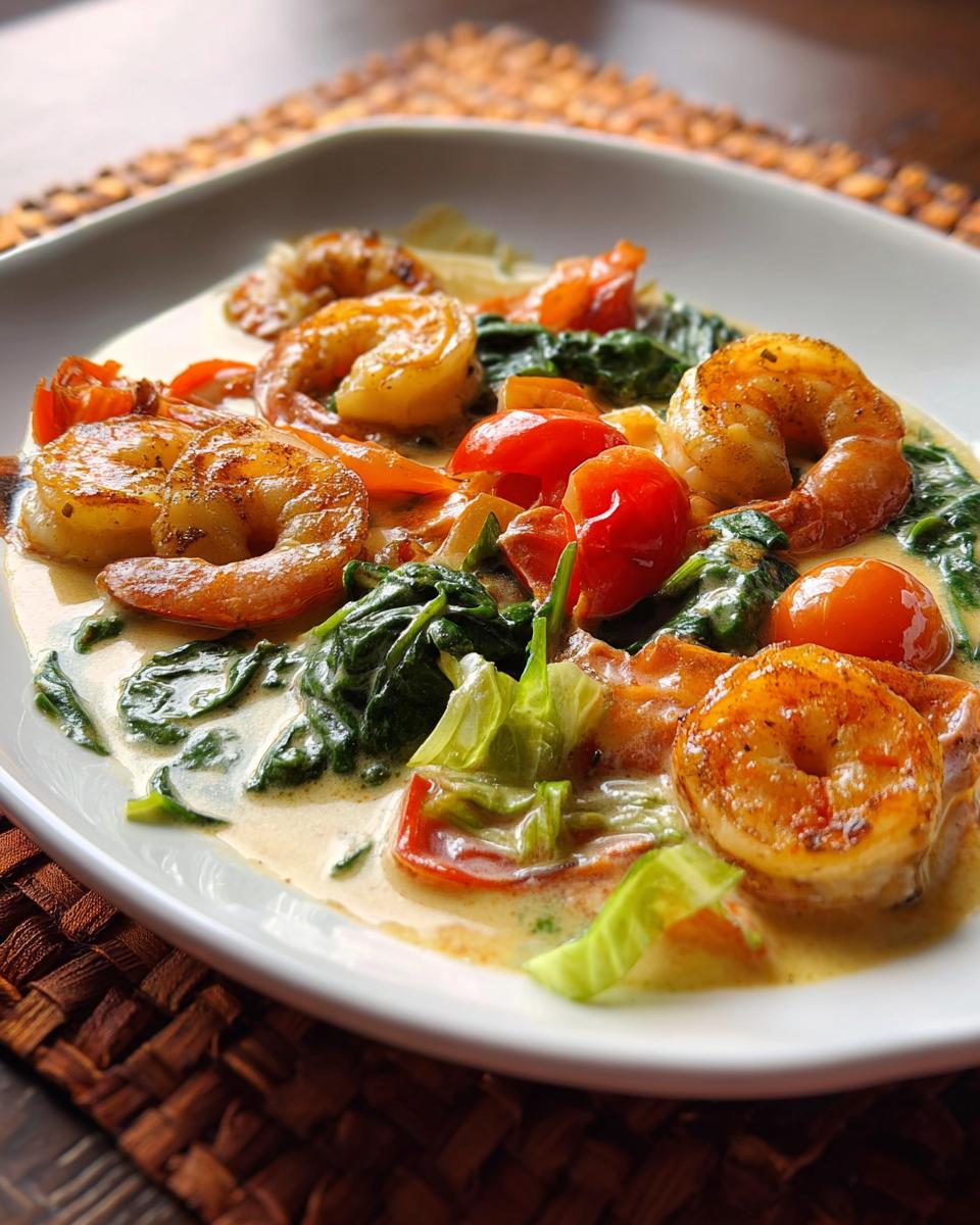 A close-up of a creamy shrimp recipe with pan-seared shrimp, wilted spinach, and cherry tomatoes in a rich sauce.