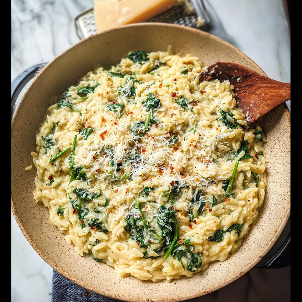 A bowl of creamy spinach orzo, a delicious veggie side dish, topped with grated parmesan and red pepper flakes.