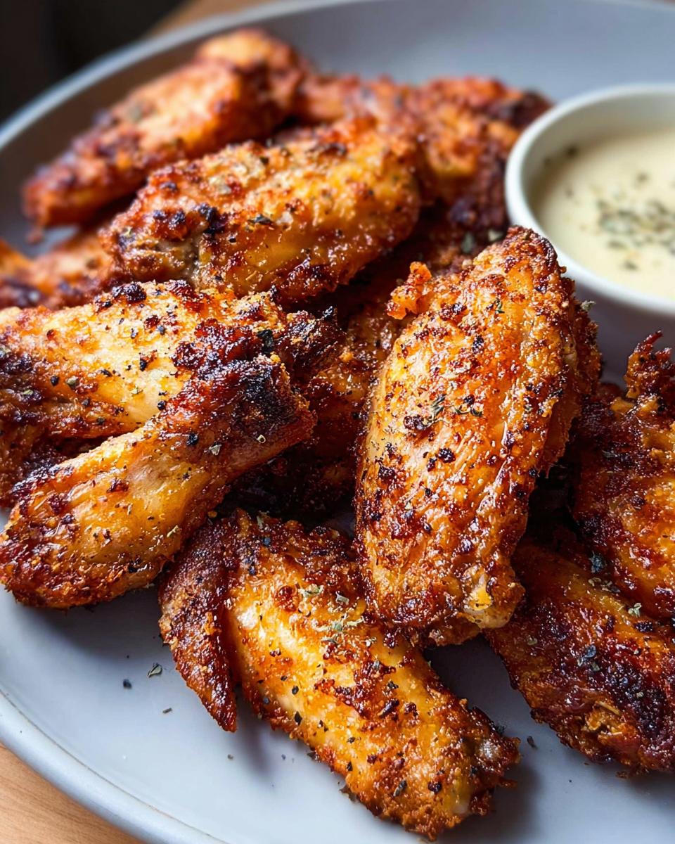 A plate of perfectly baked chicken wings, seasoned and crispy, with a side of dipping sauce. Learn how to make chicken wings recipes like a pro.