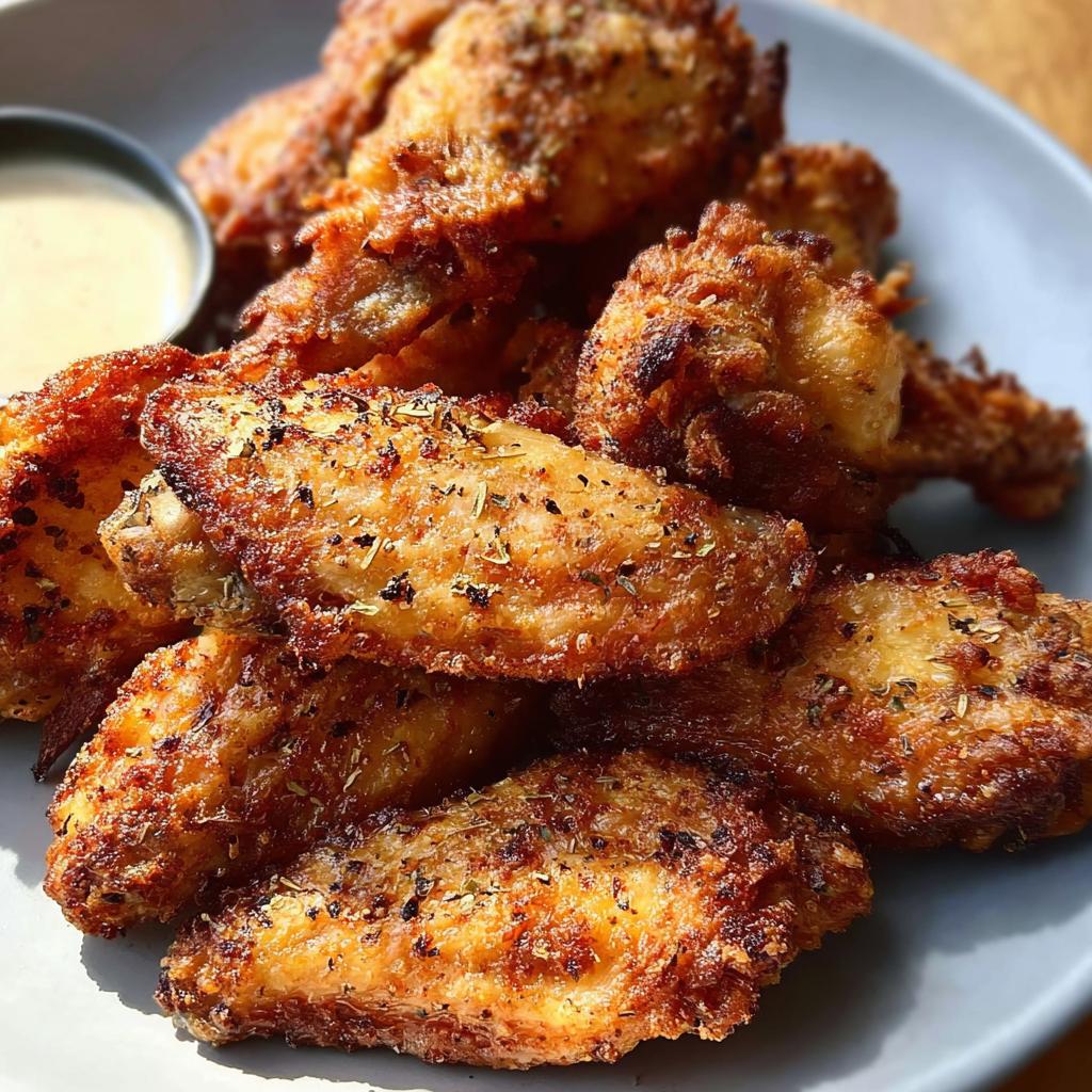 A plate of perfectly crispy, seasoned chicken wings with a side of dipping sauce, showcasing how to make chicken wings recipes like a pro.