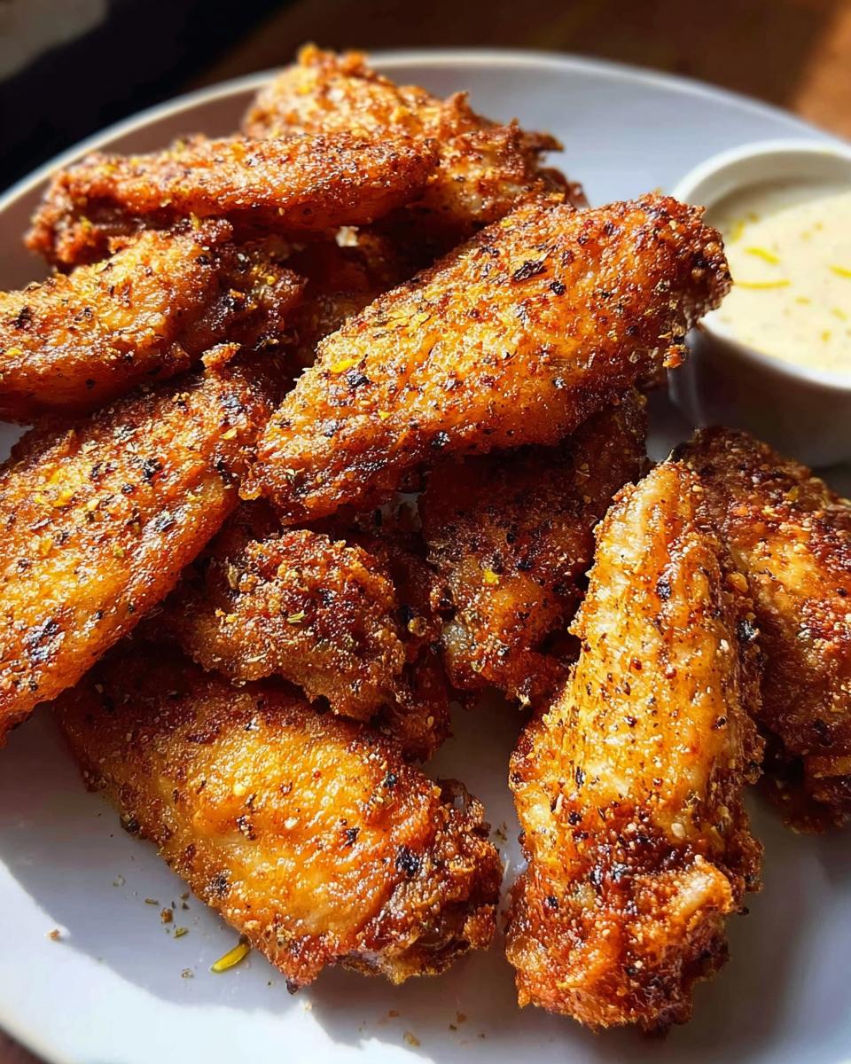 A plate of perfectly seasoned and crispy chicken wings, served with a side of dipping sauce.