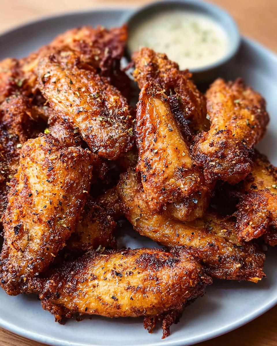 A plate of perfectly crispy chicken wings seasoned with herbs and spices, served with a side of dipping sauce.