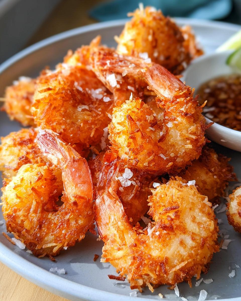 Close-up of golden-brown crispy coconut shrimp, a delicious shrimp recipe idea for busy weeknights.